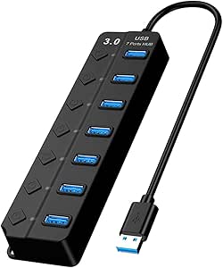 Powered USB Hub 3.0, 7 Ports USB Charging Extender Data Hub Splitter Extension, with Individual Switches and Lights for Laptop, PC, Computer, USB Devices Super Compatible, 5Gbps Data Transfer Speed