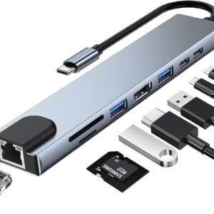 USB C Hub, 8 in 1 Type C Hub Multiport Adapter with 4K HDMI, PD Power Delivery, USB-C, Ethernet, 2 USB, SD/TF Card Reader Compatible with Mac Book Pro XPS and More Type C Devices